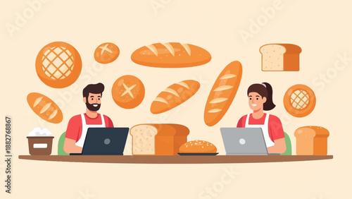 Bakers in aprons use laptops surrounded by assorted loaves of bread