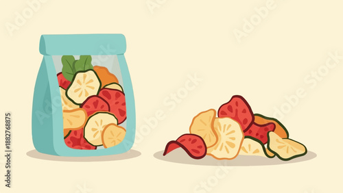 Bag of colorful dehydrated fruit slices next to a pile of chips