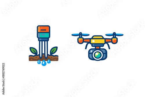 Smart farming icons: Drone and smart irrigation system