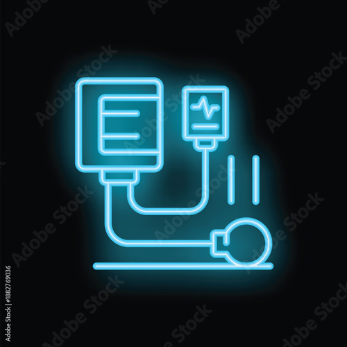 Bright neon sign depicting medical equipment used to monitor blood pressure, ideal for healthcare and medical themes
