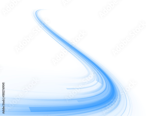 Glowing neon laser lines ripple across urban road. Motion lines, blue wave trails, energy swirls, water streams, air currents highlight futuristic speed and dynamic traffic. Vector illustration PNG.