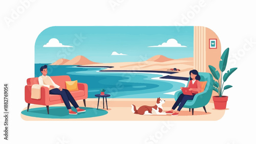 Couple and dog relax by window with ocean view