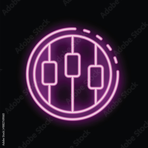 Neon sign is glowing in pink and purple, representing audio mixing with faders