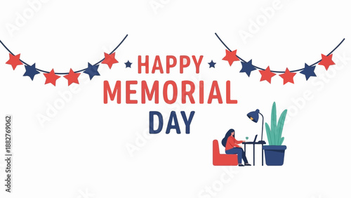 A woman works at a laptop under patriotic bunting, celebrating Memorial Day