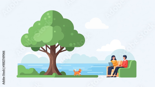 Couple and dog relax by water under a large tree with clouds above