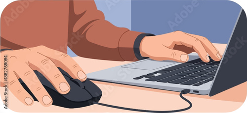 Close up of a person's hands using a computer mouse and typing on a laptop