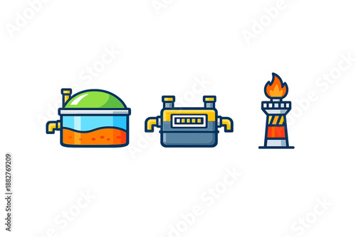 Biogas plant, gas meter and flare stack icons