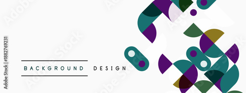 Abstract geometric shapes overlap, creating modern design. Purple, teal, white dominate neutral backdrop. Minimalist aesthetic.