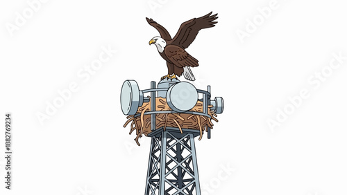 Bald eagle nesting on a telecommunications tower with antennas