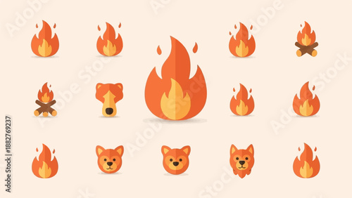 Animated collection of fire icons and stylized animal faces in warm tones