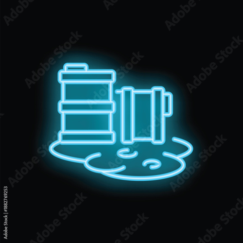 Blue neon style icon depicting leaking barrels and environmental damage, suitable for environmental, industrial, and safety themes