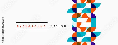 Abstract geometric pattern. Circles, squares overlap creating vibrant design. Minimalist style with orange, teal hues. Clean background present.