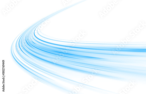 Neon laser lines twist along city highway. Blue wave trails, motion lines, energy swirls, water flow, and winter wind create high-speed futuristic traffic visuals. Vector illustration PNG.