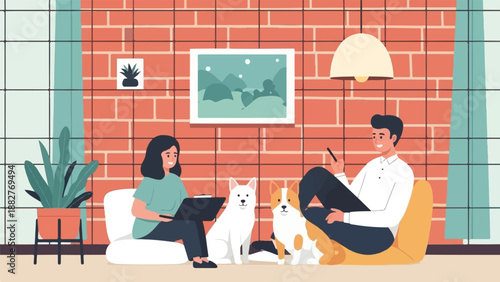A woman with a laptop and a man on his phone relax with two dogs indoors
