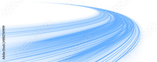 Neon laser speed lines twist along city highway. Blue light trails, wave energy, and motion swirls merge with cold air, water reflections, winter winds, and whirlwind effect. Vector illustration PNG.