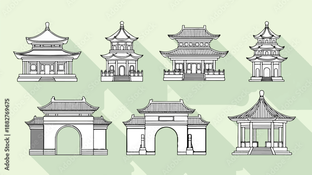 Fototapeta premium Collection of stylized traditional oriental buildings and gateways