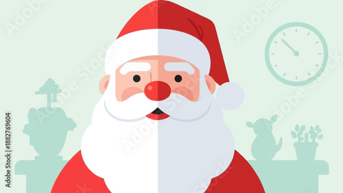 Close-up cartoon Santa Claus with clock, plants, and toy dog