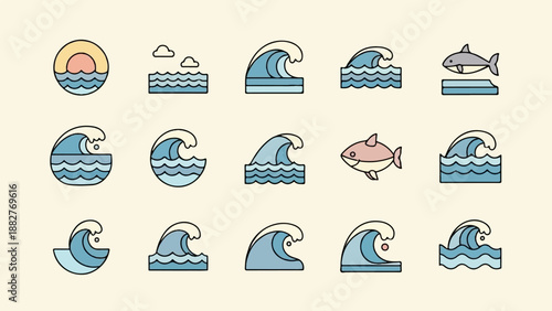 Collection of stylized ocean waves and cartoon fish icons