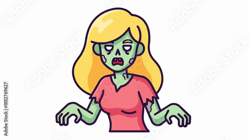 Cartoon blonde zombie woman with green skin and tattered pink shirt