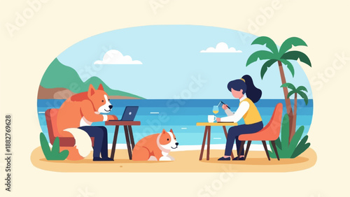 Animated scene of a person and two dogs working remotely at a beach cafe