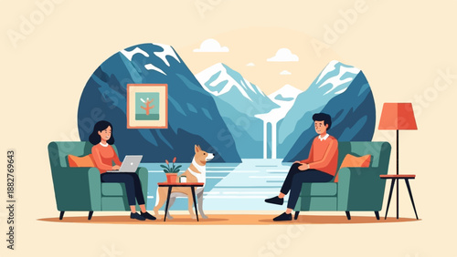 Couple and dog relax indoors with mountain and waterfall backdrop
