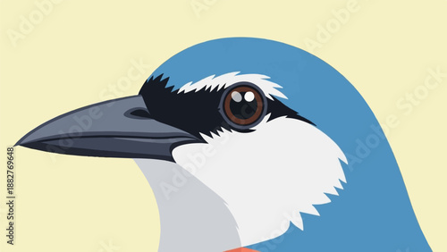 Close-up illustration of a blue bird's head with a sharp beak and brown eye
