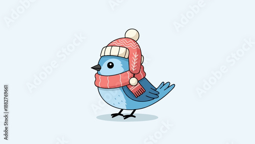 Cartoon blue bird wearing a winter hat and scarf