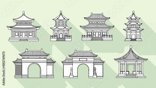 Collection of stylized traditional oriental buildings and gateways