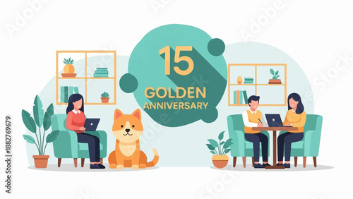 Anniversary celebration with people, dog, plants, and decor in a cozy setting