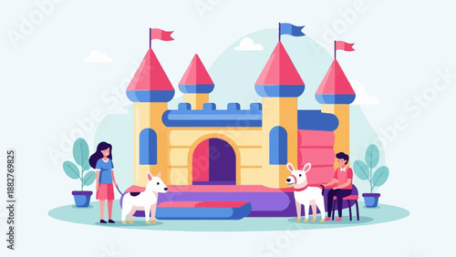 Cartoon castle bouncy house with people and dogs enjoying park