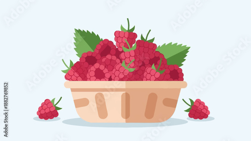 Basket brimming with vibrant raspberries, some scattered around