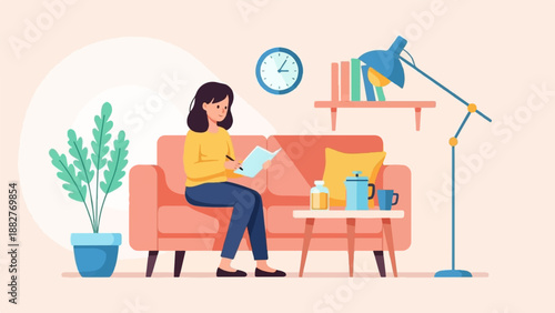 A woman sits on a couch reading a book while a lamp illuminates the room