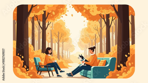 Couple and dog relax on a couch amidst an autumn forest scene