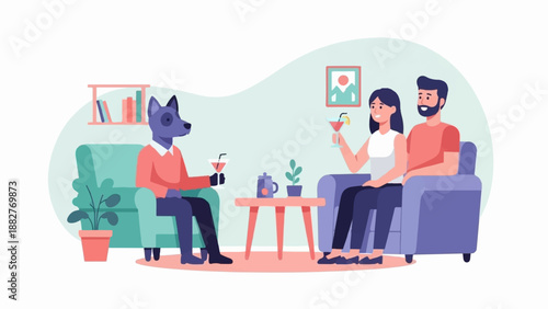 anthropomorphic dog and couple enjoying drinks in a living room