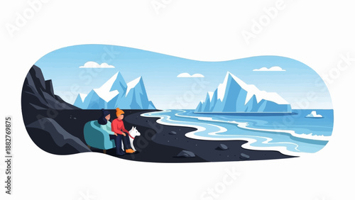 Couple and dog relax on black sand beach with icebergs in backdrop