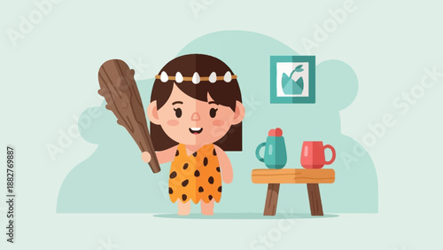 Cartoon cave child with club, plant art, and mugs on a stand