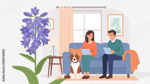 Couple and dog relax on sofa with tablet, near blue flowers and window