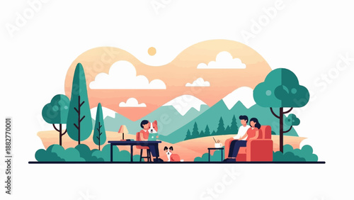 Couple and dog relax outdoors with mountains and sunset backdrop