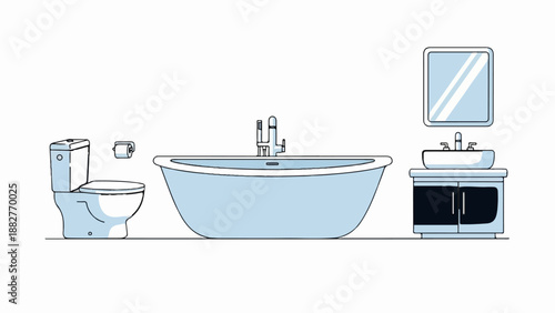 Bathroom scene with a toilet, bathtub, and sink with mirror
