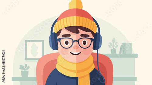 Character wearing headphones and winter hat, listening to music indoors
