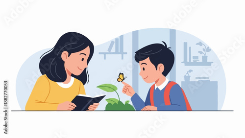 A woman reads to a boy who gently touches a butterfly on a plant