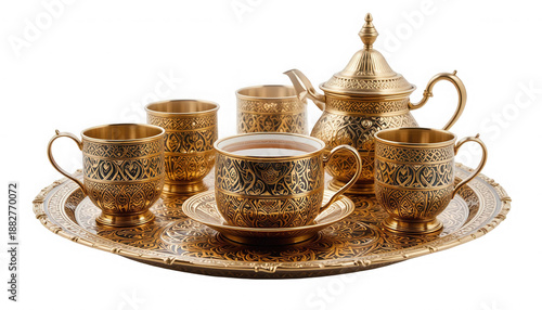 Exquisite ornate gold and black tea set featuring engraved cups and a matching serving tray for formal occasions on transparent background