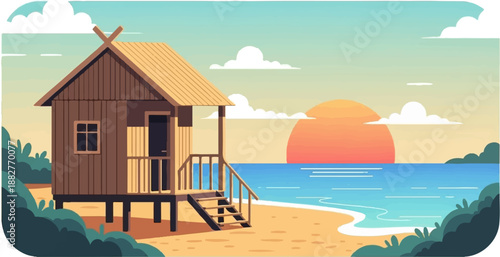 Beachfront hut by the ocean at sunset