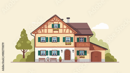 Charming alpine home with wooden accents and green shutters, inviting