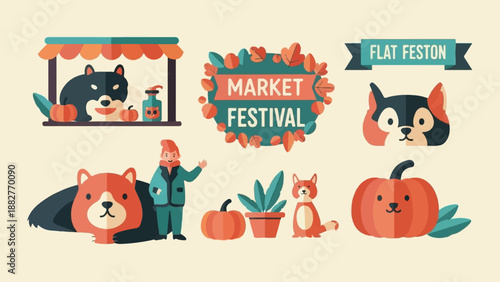 Charming autumn market festival with friendly animals and cheerful people