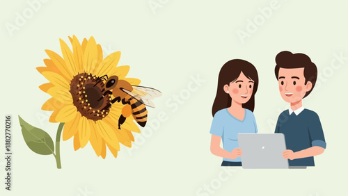 Bee on sunflower with couple using laptop
