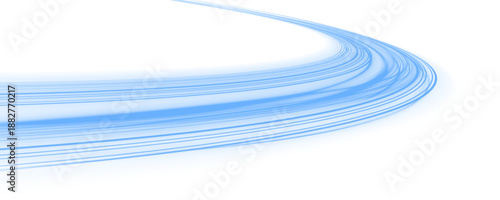 Neon laser lines twist along city highway. Blue wave trails, motion lines, energy swirls, water flow, and winter wind create high-speed futuristic traffic visuals. Vector illustration PNG.