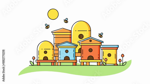 Beehives and bees under a sunny sky on a grassy hill with flowers