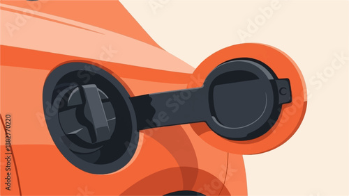 Close-up of an orange vehicle's open fuel cap and gas tank cover