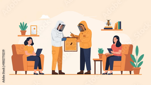 Beekeeper colleagues exchange information while people relax at home